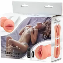 Двойной мастурбатор вагина-ротик Satisfaction Lucky charm с вибропулей – телесный