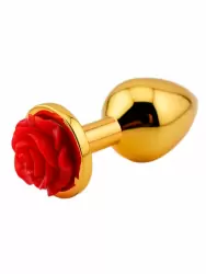 Золотая анальная пробка с ограничителем в форме красной розы, размер M, Kanikule