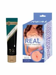 Реалистичный односторонний мастурбатор Real Women Vibration с вибрацией 14 см. и Косметический крем для мастурбации Bucked Wrangler - 60 мл.