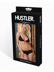 Очаровательный гипюровый комплект Hustler: лиф и трусики с яркой шнуровкой сзади – черный