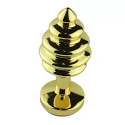 Маленькая анальная пробка Plug Gold ребристая с кристаллом – золотистый/красный