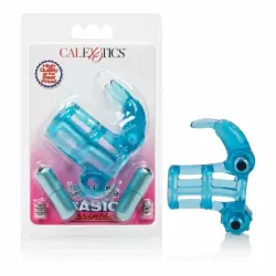 Вибронасадка на пенис Basic Essentials Double Trouble с стимулятором клитора и мошонки - голубой