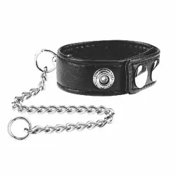 Кольцо на пенис из экокожи с поводком из металла Blueline Snap Cock Ring With 12 Leash – чёрный