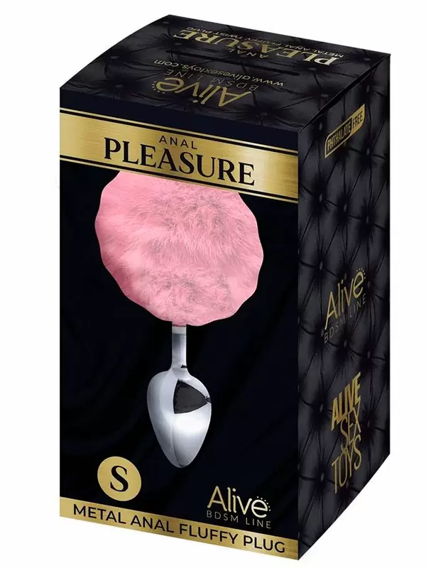 Металлическая анальная пробка Alive Metal Anal Fluffly Plug, розовый заячий хвост, 7 см, диаметр 3,2 см, серебристый