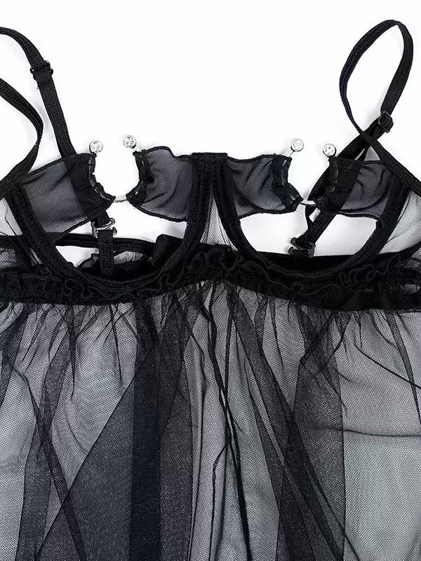 Прозрачная сорочка с открытой грудью Anais Estee и трусики – черный, L