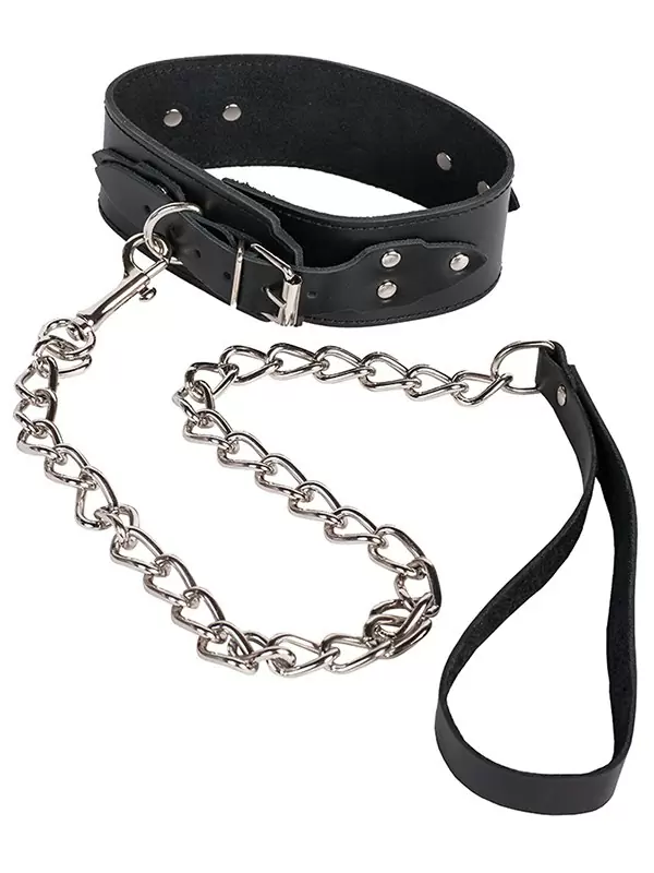 Ошейник Leather Collar кожаный с металлической цепью – черный
