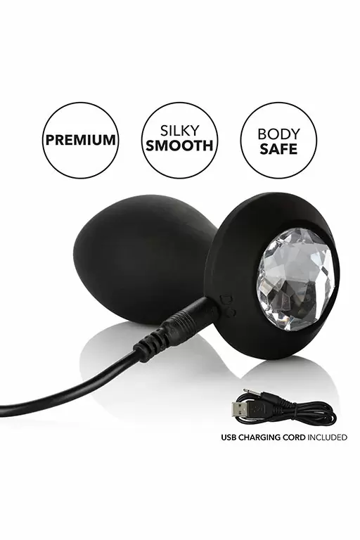 Анальная вибропробка California Power Gem, с белым кристаллом, 9,5 см, 10 режимов, силикон, черный