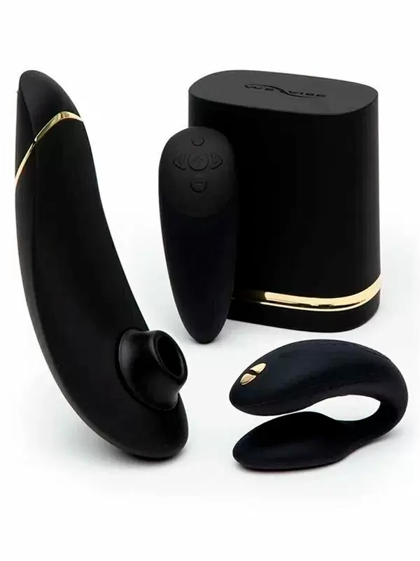 Новогодний набор для пар Golden Moments: Стимулятор клитора Womanizer Premium 2, технология Pleasure Air + Вибратор для пар We-Vibe Chorus, 10 режимов