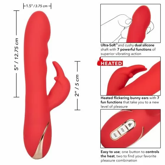 Рельефный вибратор-кролик Heated Silicone Ultra-Soft Rabb, с функцией нагрева, 21.5 см, 7 скоростей, силикон, красный