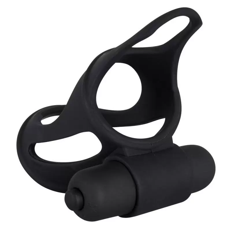 Открытая вибронасадка на пенис Black Velvets с кольцом под мошонку – черный