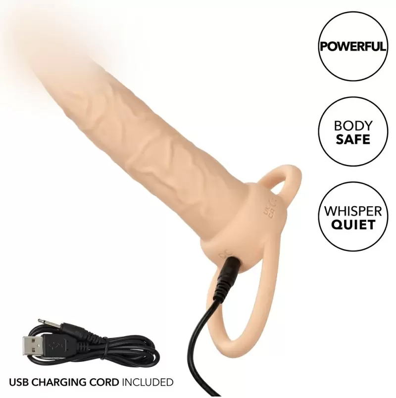 Реалистичная вибронасадка Performance Maxx Rechargeable Dual Penetrator, для двойного проникновения, 14 см, 10 режимов, светло-телесный