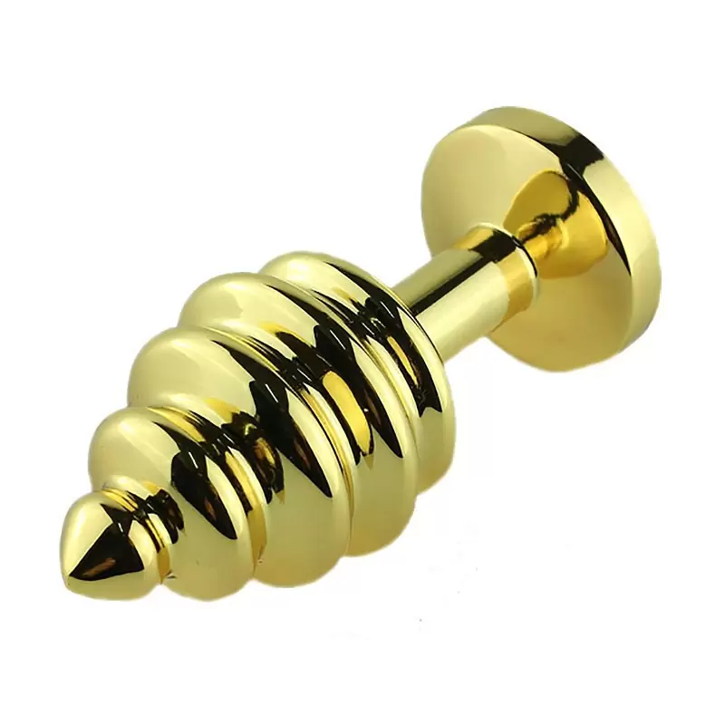 Маленькая анальная пробка Plug Gold ребристая с кристаллом – золотистый/синий