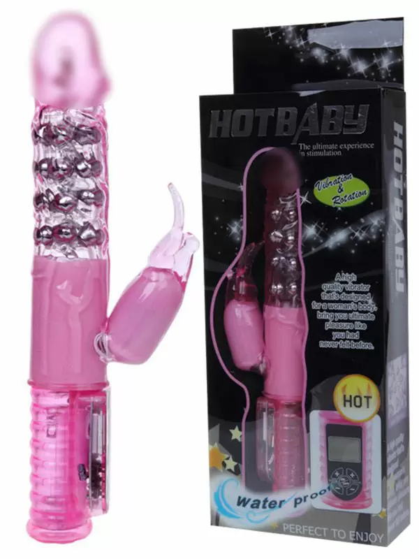Водонепроницаемый ротатор-вибромассажер двойного действия Hot Baby с ЖК-дисплеем – розовый