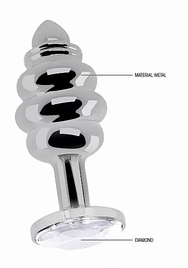 Ребристая серебряная анальная пробка с бриллиантовым кристаллом - 3,9см.
