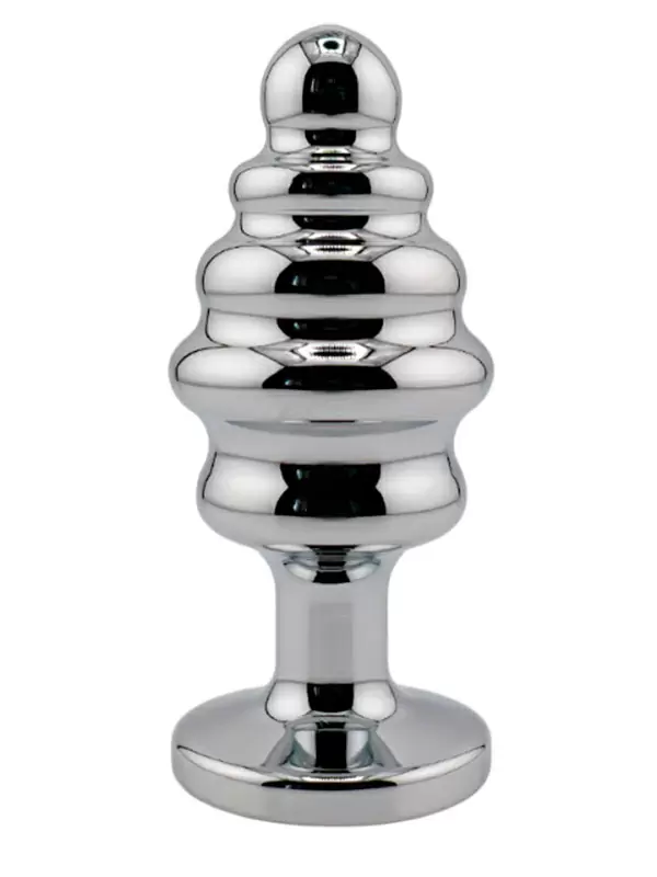 Серебряная ребристая анальная пробка с прозрачным кристаллом (Medium)