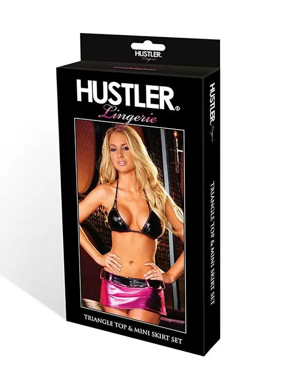 Лиф и юбочка с поясом из глянцевой ткани Hustler Lingerie – черный с розовым