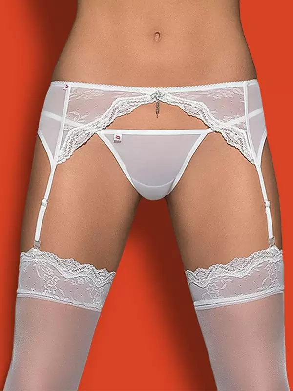 Белый пояс для чулок с кружевной вставкой и стринги Charms (Obsessive) – L/XL