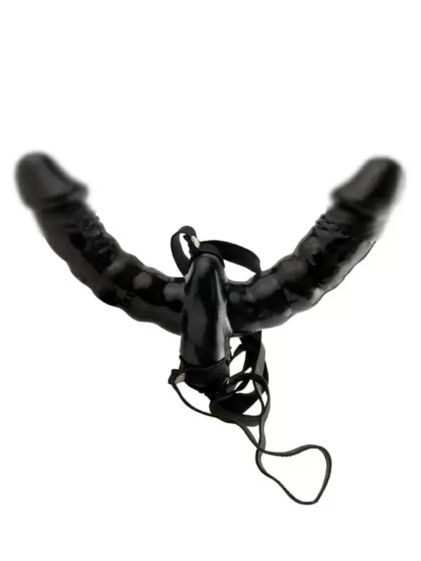 Реалистичный вибрострапон Pipedream Vibrating Double Delight Strap-On, двусторонний, 15 см, с двумя проводными пультами, черный