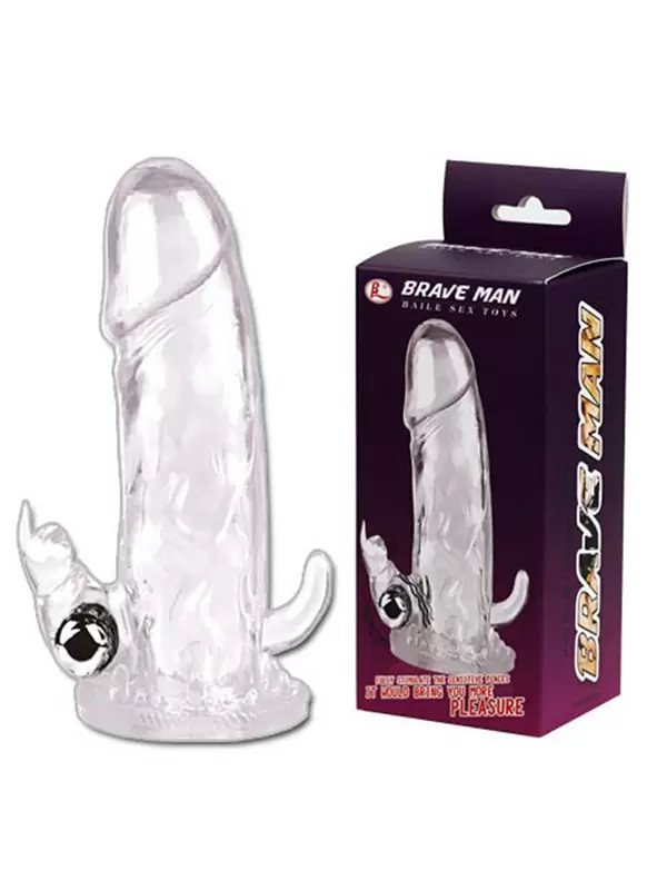 Вибронасадка для пениса Brave Man со стимуляторами для клитора и ануса – прозрачный