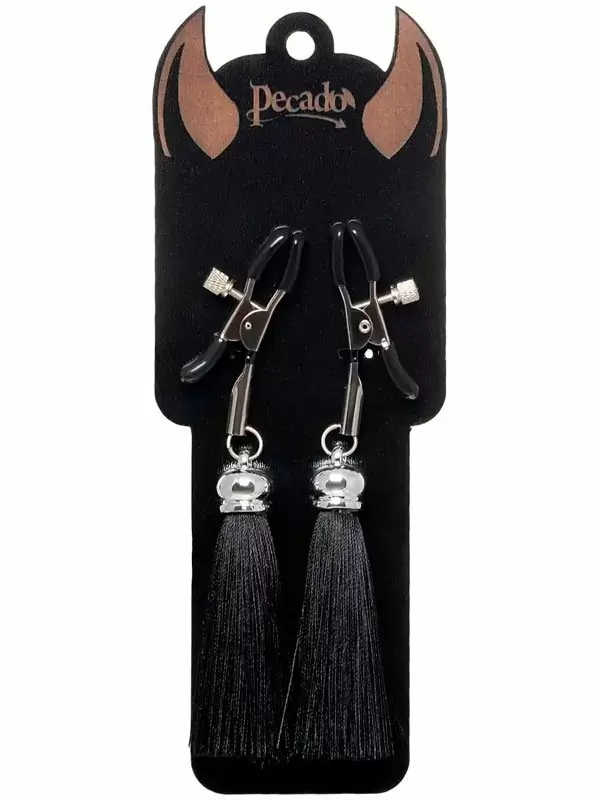 Зажимы на соски «Прищепки» Pecado BDSM — черные, с кисточками из шелка, металл