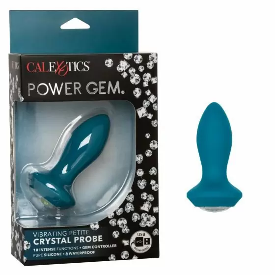 Анальная вибропробка Power Gem Vibrating Petite Crystal Probe, с белым кристаллом, 9,5 см, голубая