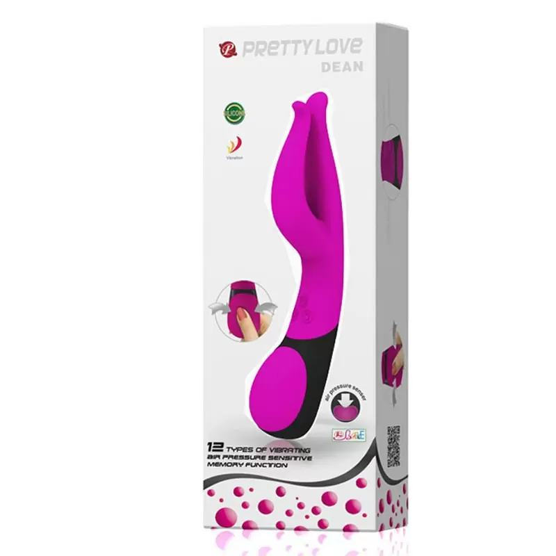 Водонепроницаемый вибромассажер Dean с раздвоенным концом и воздушным регулятором-подушкой – малиновый