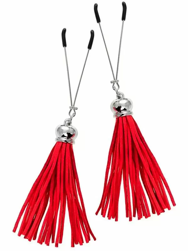 Зажимы на соски Pecado BDSM, «Вилки», с кисточками из замши, металл, красные