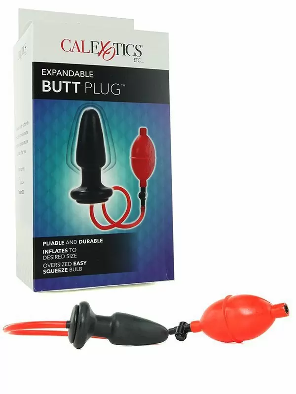 Надувная анальная пробка Expandable Butt Plug, 11,5 см, с грушей, черный с красным