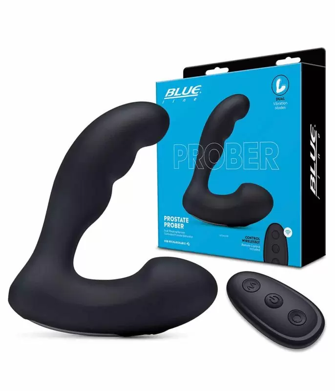 Мощный стимулятор простаты BlueLine Prober , с пультом Д/У, 12,5 см, 4 режима, силикон