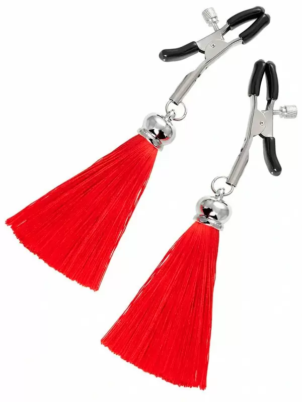Зажимы на соски «Прищепки» Pecado BDSM — красные, с кисточками из шелка, металл