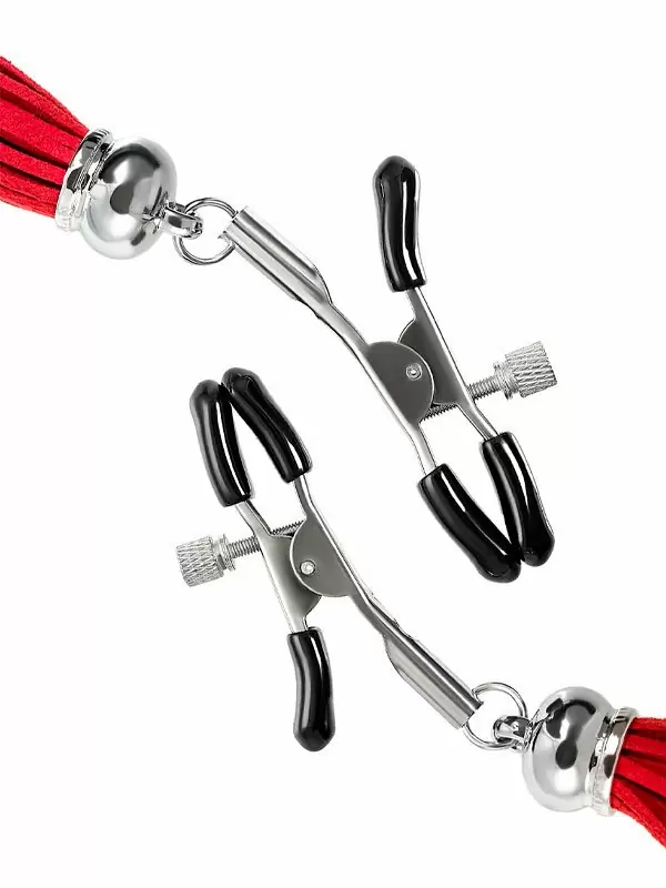 Зажимы на соски Pecado BDSM, «Прищепки», с кисточками из замши, металл, красные