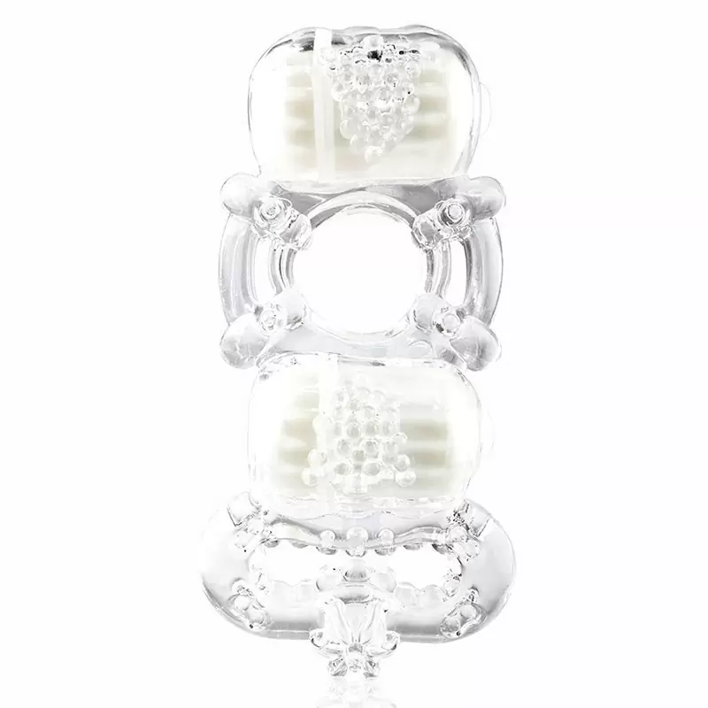 Кольцо на пенис Trio О с двумя стимуляторами и петлей на мошонку – прозрачный