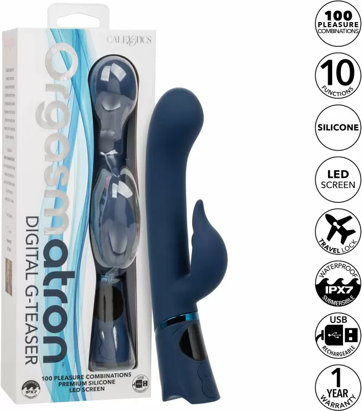 Изогнутый вибратор-кролик ORGASMATRON DIGTL G-TSR, 22.2 см, силикон, синий