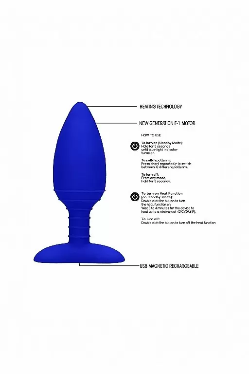 Анальная пробка с вибрацией и функцией нагрева Glow (синяя)