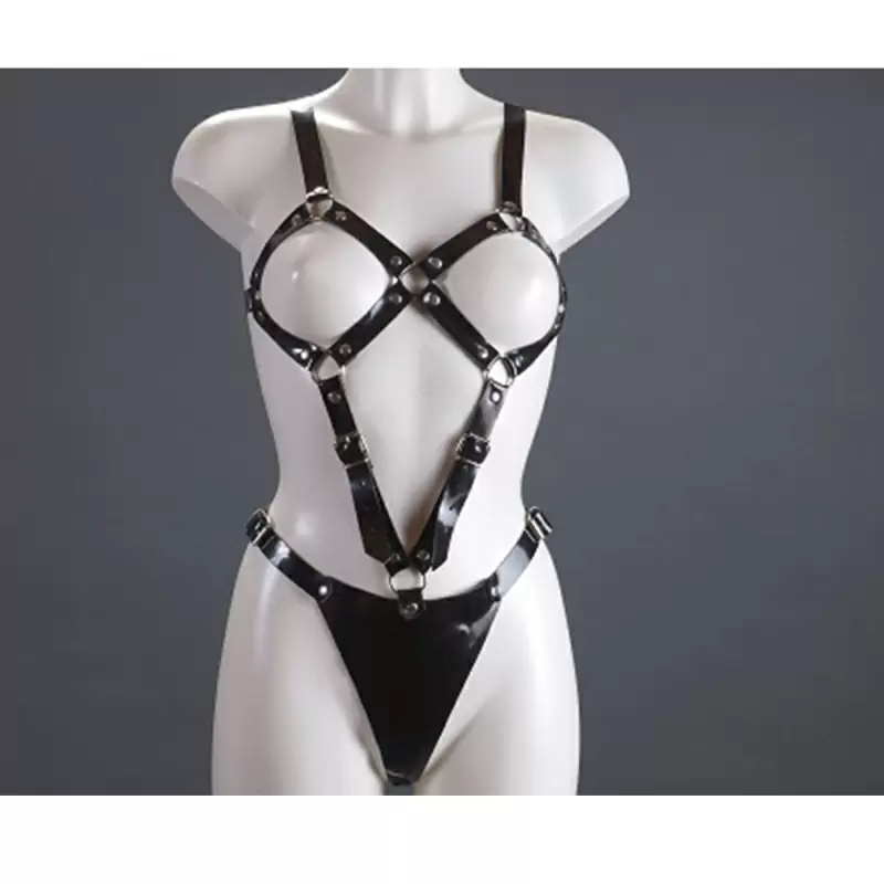 Черная сбруя Подиум из лакированной кожи - S/M