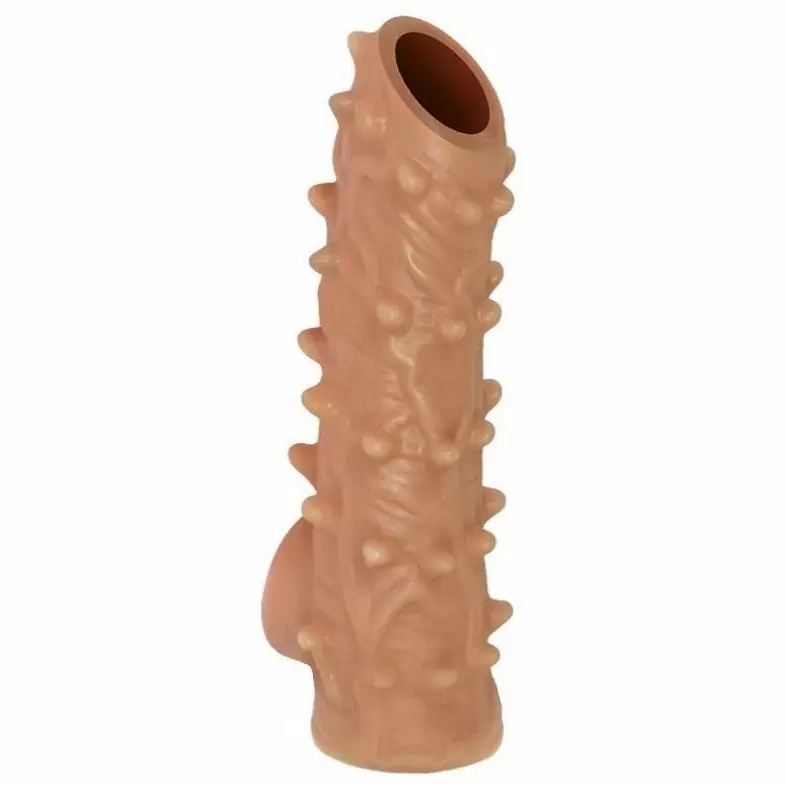 Реалистичная насадка на член с шипами, с подхватом мошонки, с открытой головкой, размер S