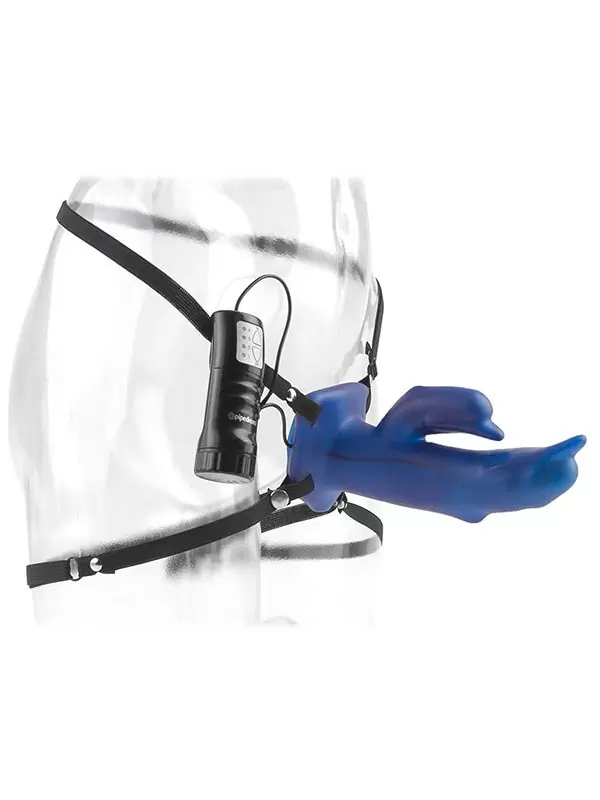 Полый страпон со стимуляторм клитора Dolphin Hollow Strap-On с вибрацией – синий