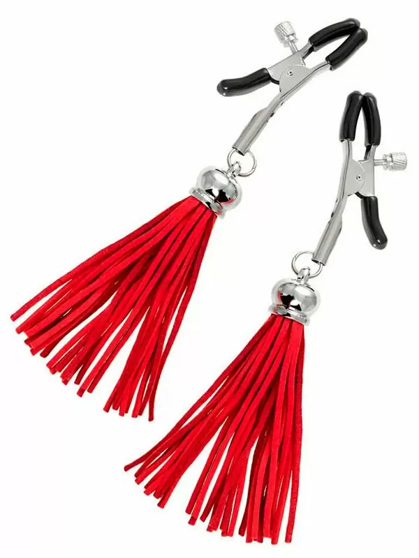 Зажимы на соски Pecado BDSM, «Прищепки», с кисточками из замши, металл, красные