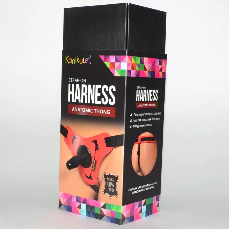 Страпон-трусики Kanikule Anatomic Thong кожаные – красный с черным