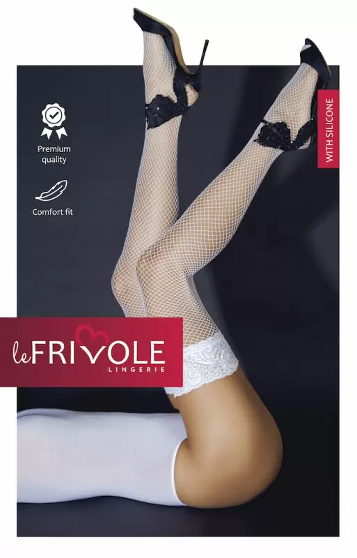 Чулки белые в мелкую сетку с кружевной резинкой на силиконе (Sense)