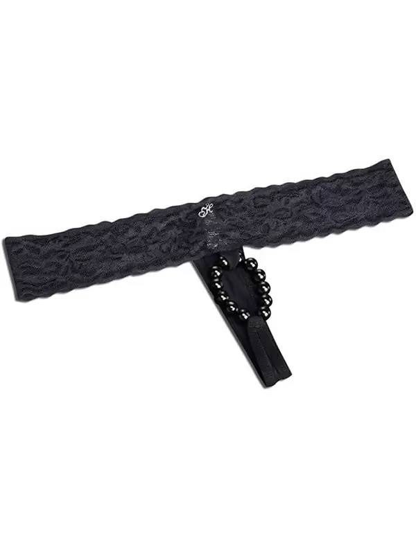 Кружевные трусики-тонг с бусинками – черный, S/M