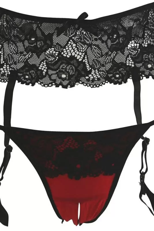 Черно-красный кружевной комплект с бюстгальтером, трусиками и поясом для чулок Baci White Label – M/L