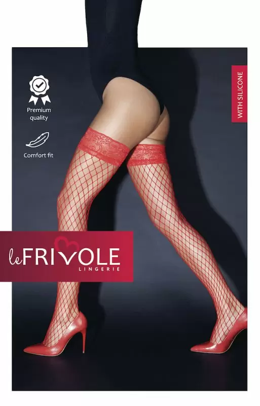 Чулки красные в крупную сетку с кружевной резинкой на силиконе  (Sense)