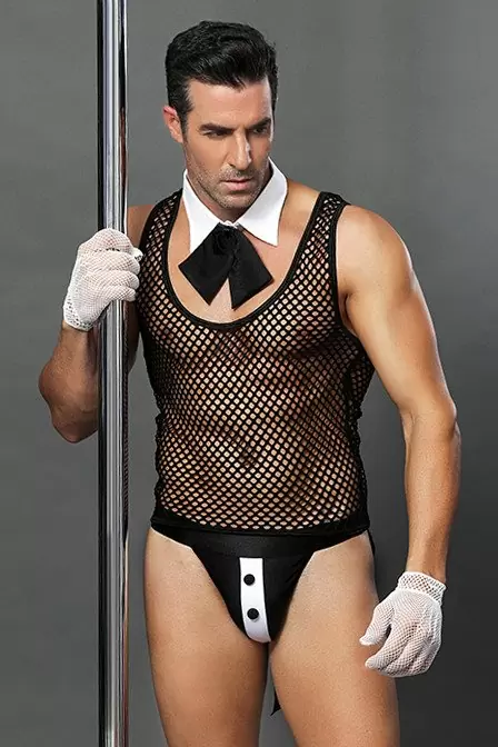 Костюм официанта Candy Boy Juan (майка, воротник с галстуком, трусы, перчатки), черно-белый, OS