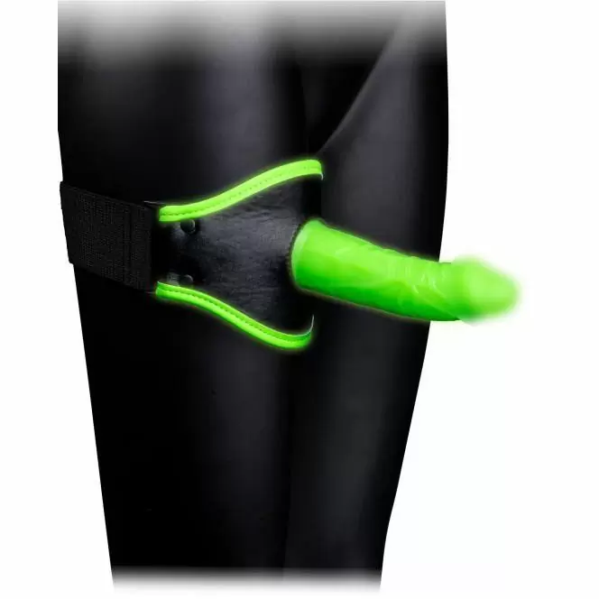 Страпон с креплением на ногу Shots toys, 14,5 см, люминесцентный, силикон, зеленый с черным