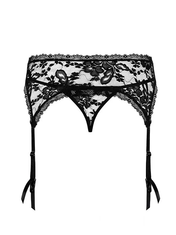 Черный кружевной пояс для чулок и стринги Catia (Obsessive) – L/XL