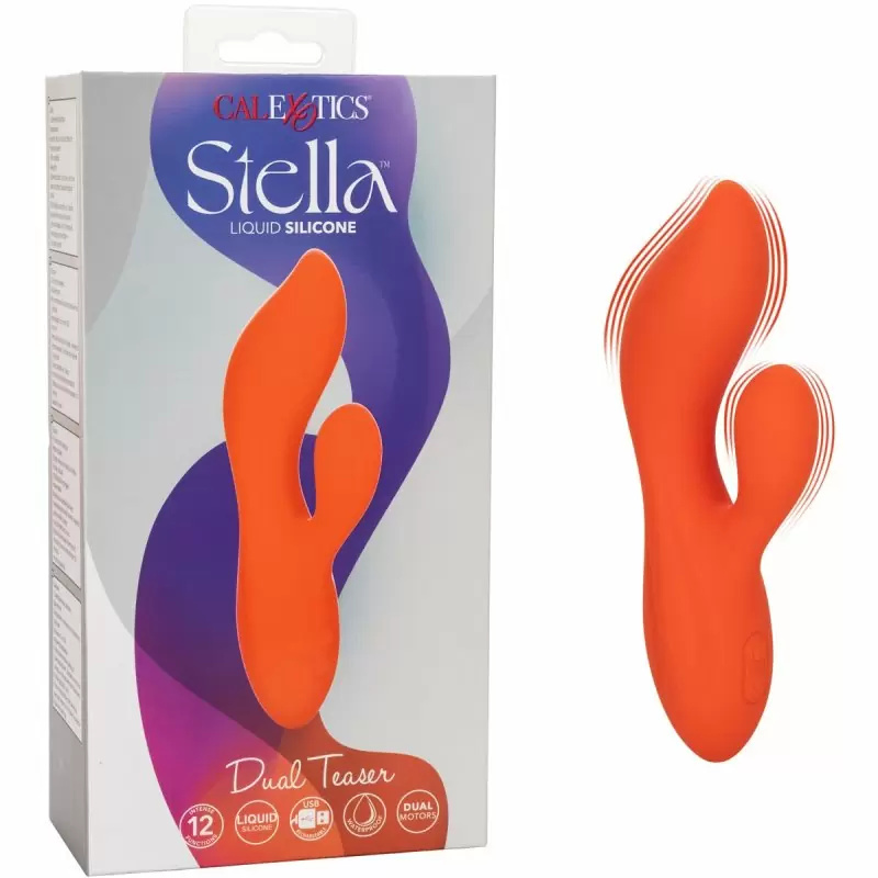Изогнутый вибратор-кролик Stella Liquid Silicone Dual Teaser, 15,2 см, 12 режимов, оранжевый