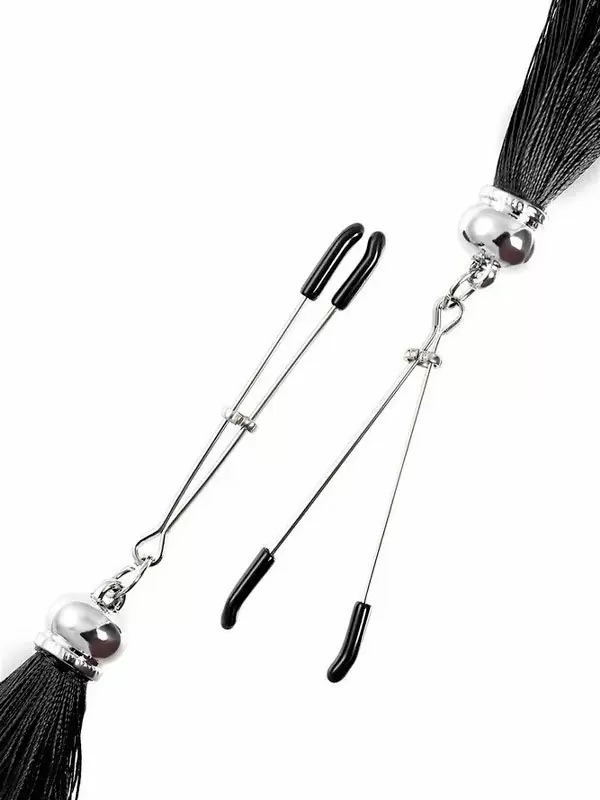 Зажимы на соски Pecado BDSM, «Вилки», с кисточками из шелка, металл, черные