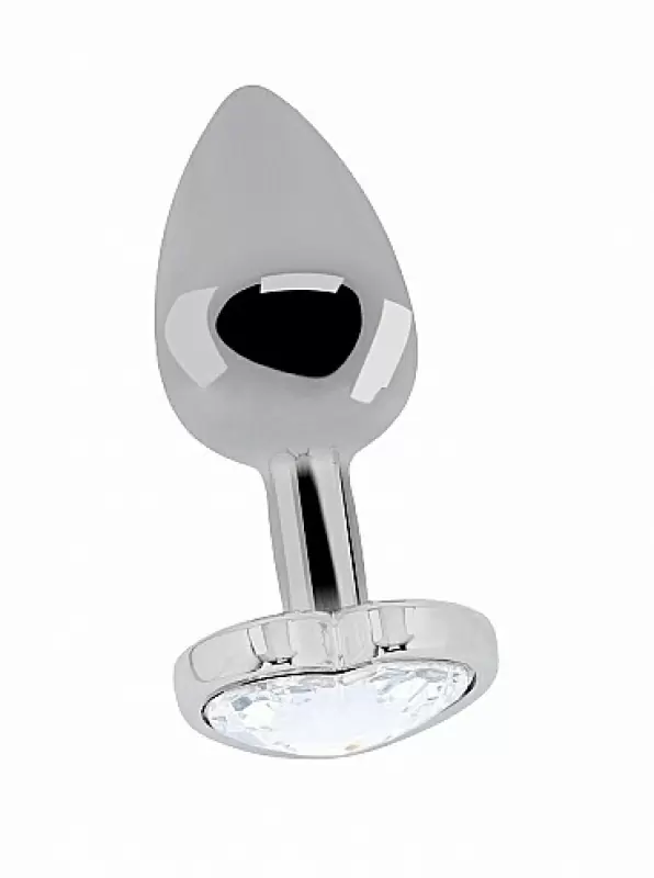 Серебряная анальная пробка с бриллиантовым кристаллом в форме сердца - 3,4 см.