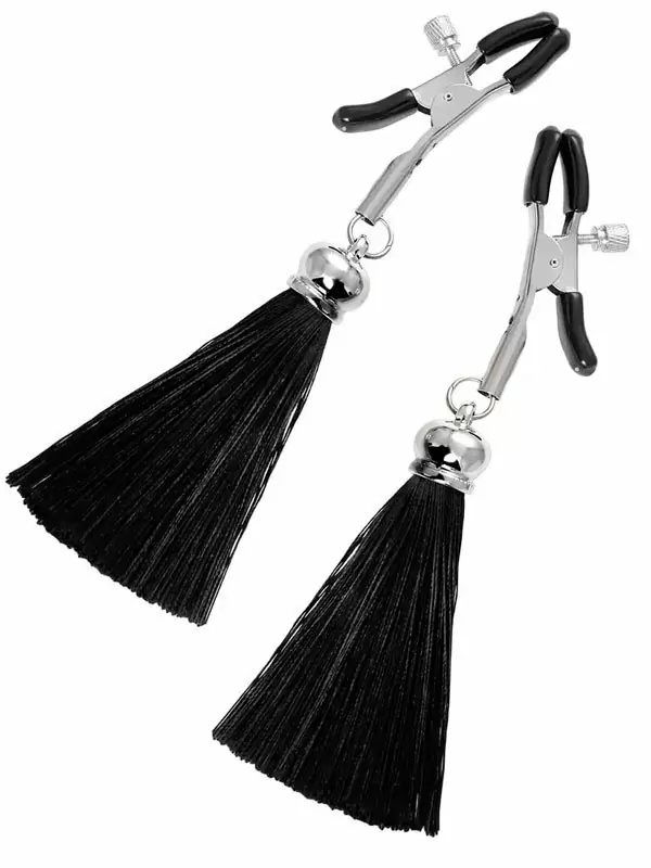 Зажимы на соски «Прищепки» Pecado BDSM — черные, с кисточками из шелка, металл